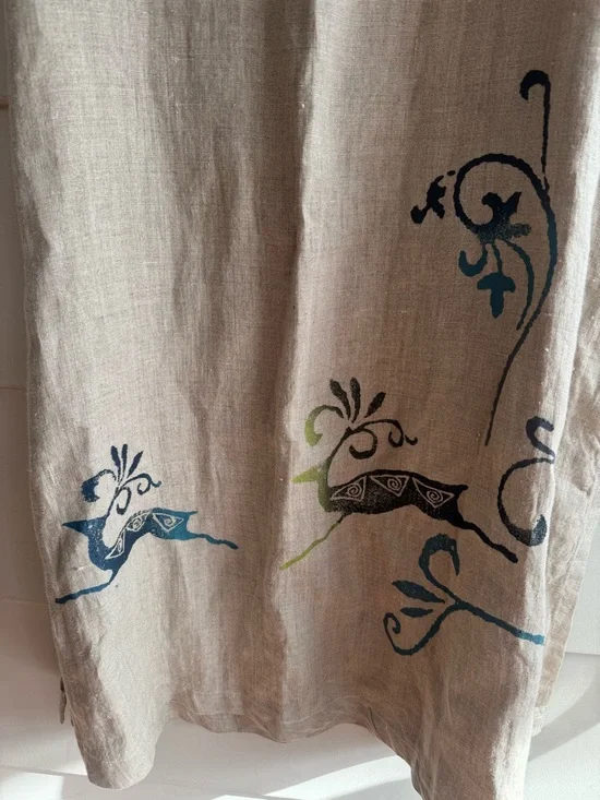 D Blue Vintage 100% Linen Ink Stamped Maxi Dress M - Picture 3 of 7